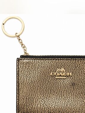 Coach Gold Metallic Leather Zip Card Case Keychain Coin Purse ID Holder Wallet